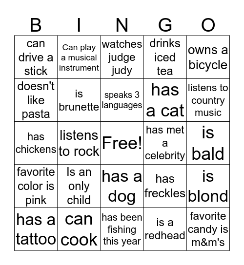 M & M's Bingo Card