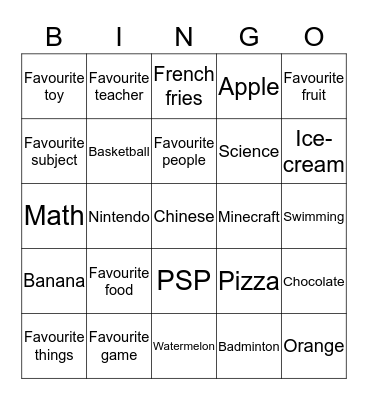 Favourite Things Bingo Card