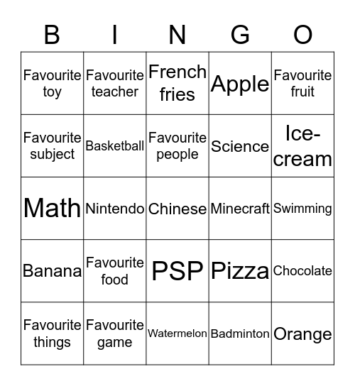 Favourite Things Bingo Card