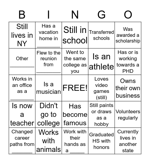 15 Year Reunion: Fill in at least 2 rows Bingo Card