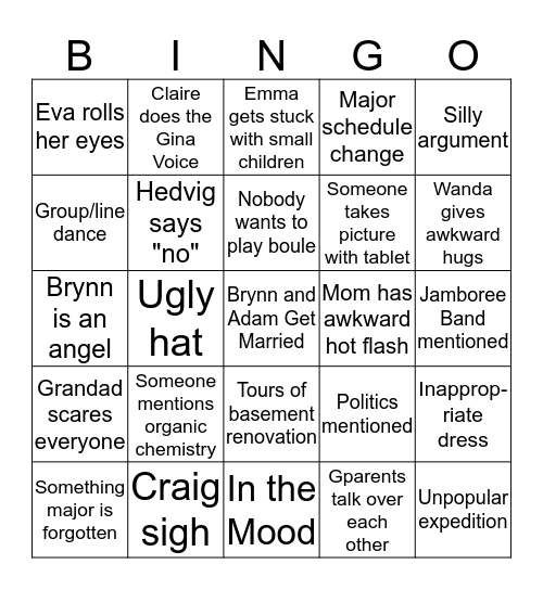 Brynn and Adam's Wedding Bingo Card
