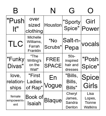 90s Girl Groups Bingo Card