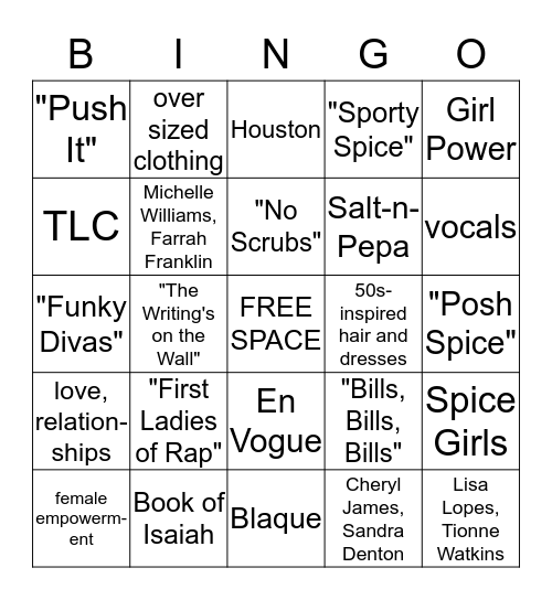 90s Girl Groups Bingo Card