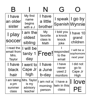 Computer Apps Summer School Bingo Card