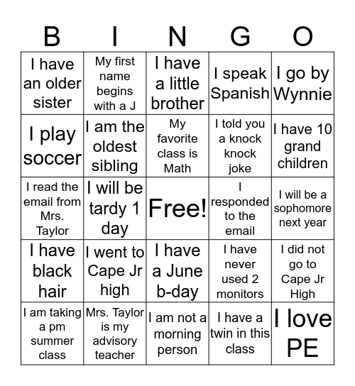 Computer Apps Summer School Bingo Card