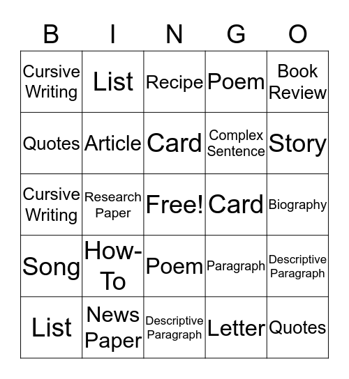 Writing Bingo Card