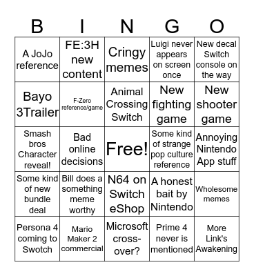 Nintendo E3 Direct 2019 Bingo Card