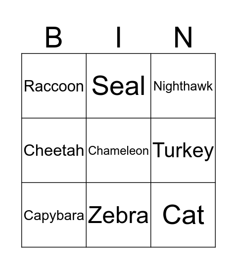 Animals Bingo Card