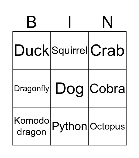 Animals Bingo Card