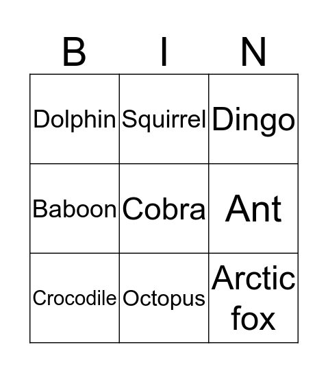 Animals Bingo Card