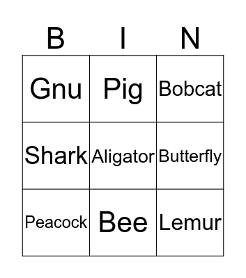 Animals Bingo Card