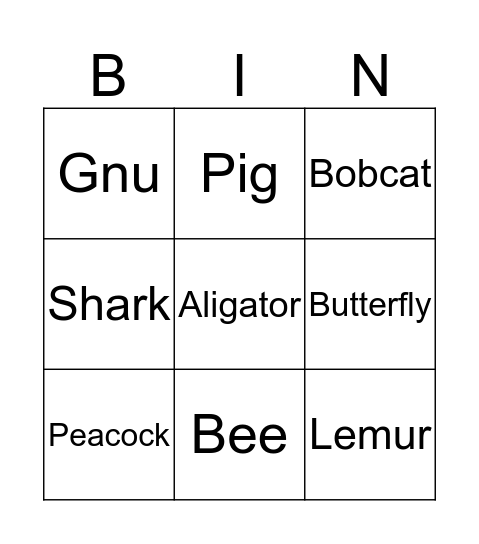 Animals Bingo Card