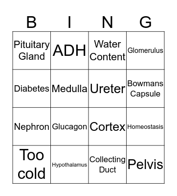 Homeostasis Bingo Card