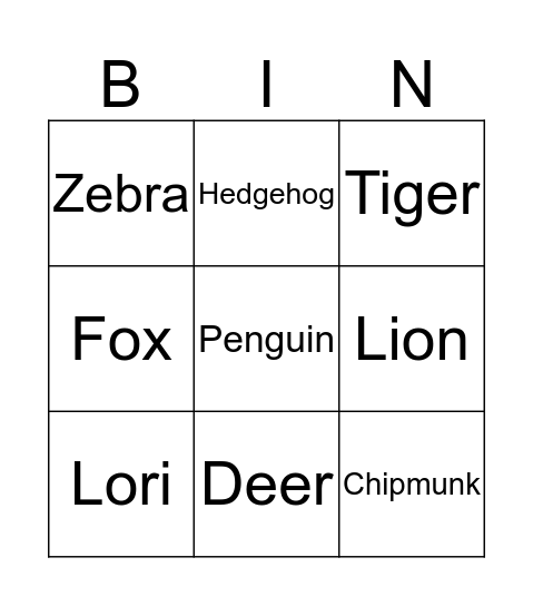 Animals Bingo Card