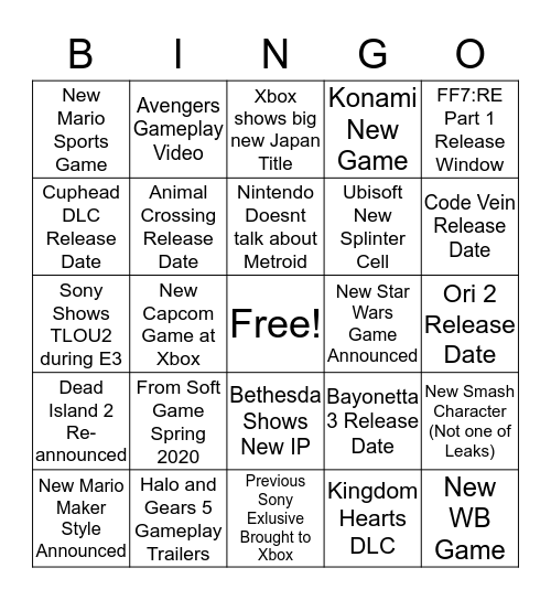 E3 Bingo Card