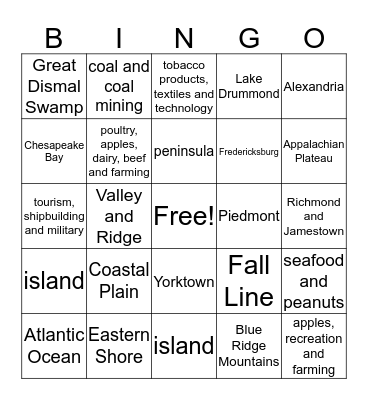 VA Geography Bingo Card
