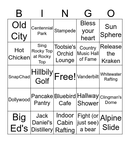 Nashvegas and Smoky Mountain Fun Times Bingo Card