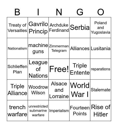 World War One  Bingo Card