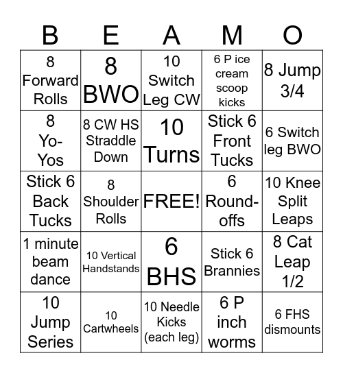 Balance Beam Bingo Card