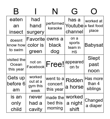 Lets get to know you Bingo Card