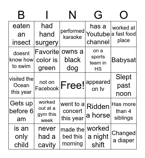 Lets get to know you Bingo Card