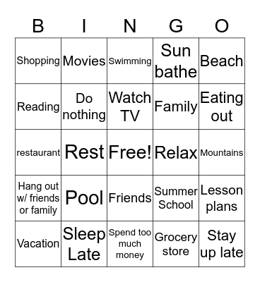 Summer Break Bingo Card