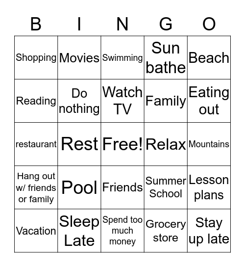 Summer Break Bingo Card