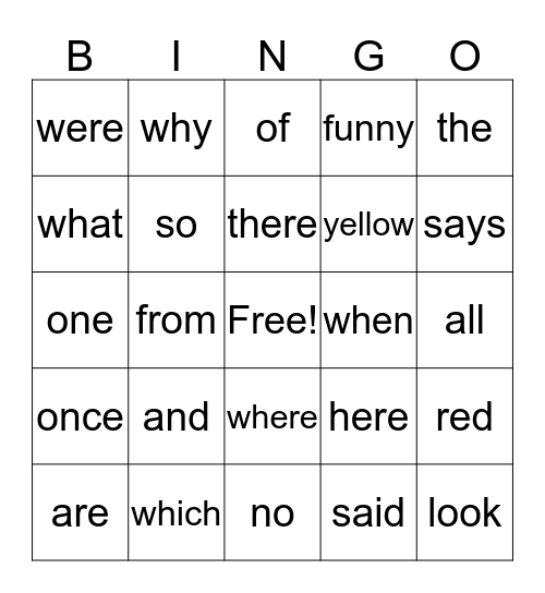 Tricky Word BINGO Card