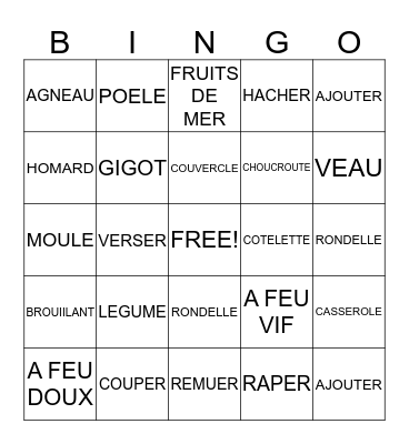 French 2 Chapter 6.1 Bingo Card