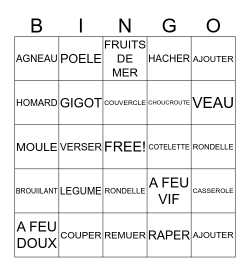 French 2 Chapter 6.1 Bingo Card