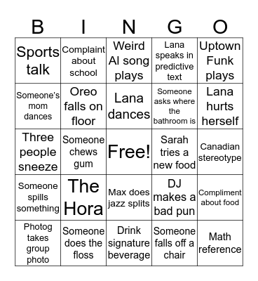 Lana's Bat Mitzvah Bingo Card