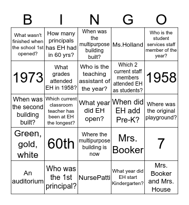 ESTES HILLS  Bingo Card