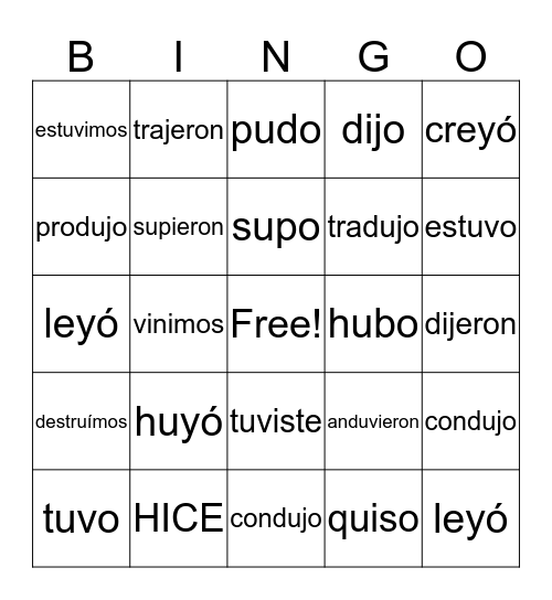 Pretérito irregular "i", "u", "j", "y" Bingo Card