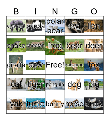 Animal Bingo Card