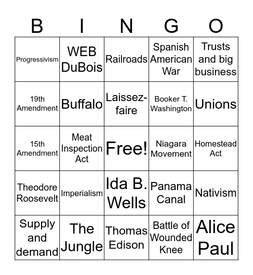 US History Unit 4 Review Bingo Card