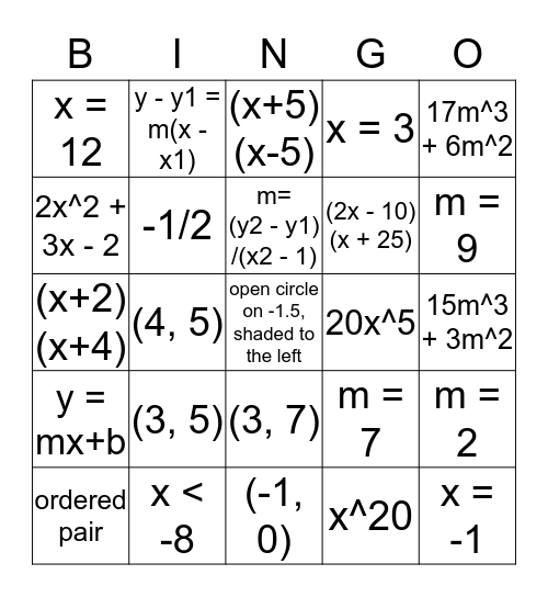 Algebra 1 - End of Year Review  Bingo Card