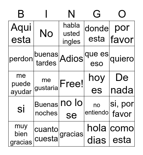 Spanish Bingo Card