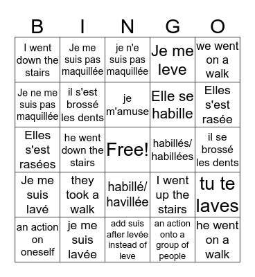 Reflexive Verbs in Past Tense Bingo Card