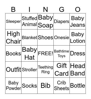 Baby Shower Gifts Bingo Card