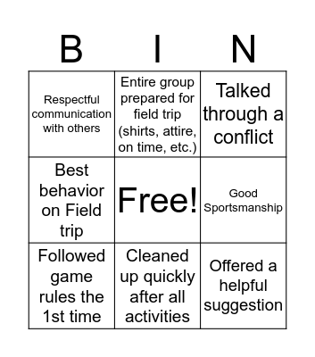 Good Behavior Bingo Card