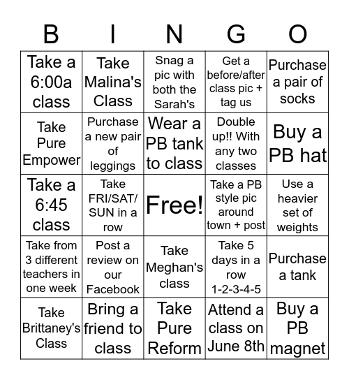 Pure Barre Bingo Card