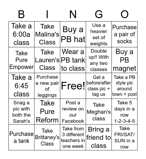 Pure Barre Bingo Card