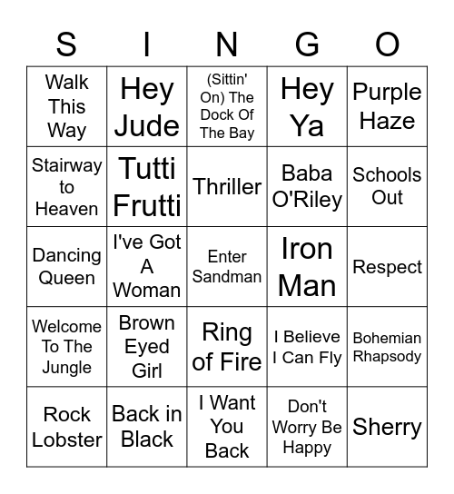 Throwback Thursday SINGO Bingo Card