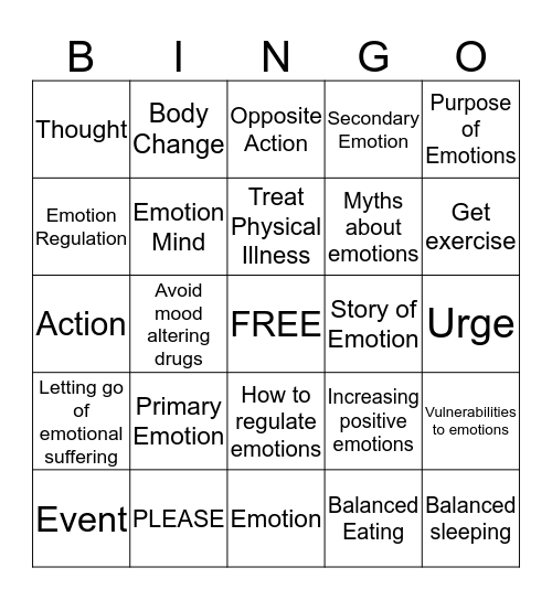 Emotion Regulation Bingo Card