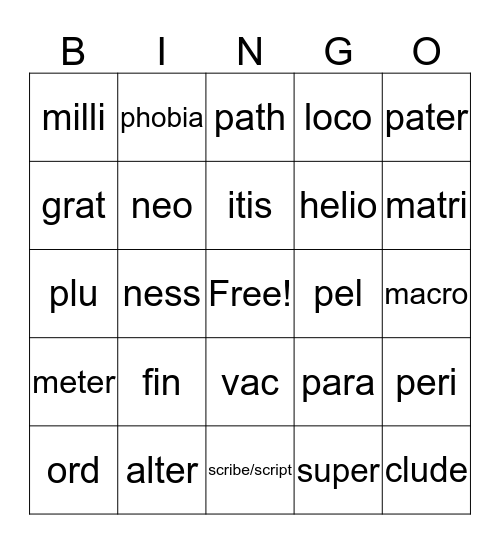 Greek/Latin Roots Bingo Card