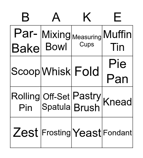 Baker's Bingo Card