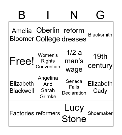 The Roles of Women Bingo Card