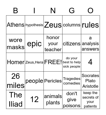 Ancient Greece Review Bingo Card