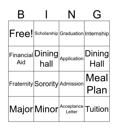 College Bingo Card