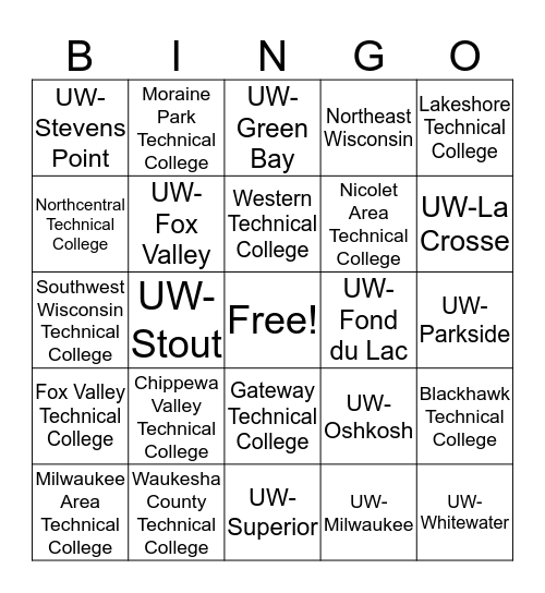 Wisconsin College Bingo Card